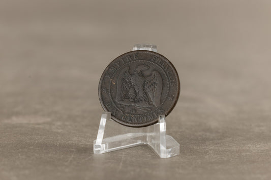 Ældre fransk 10 centimes-mønt fra Napoleon III, ca. 1852–1857. Original.