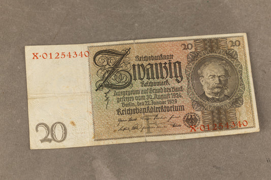 WW2 Tysk "20 Reichsmark" pengeseddel. Årgang 1929. Original.