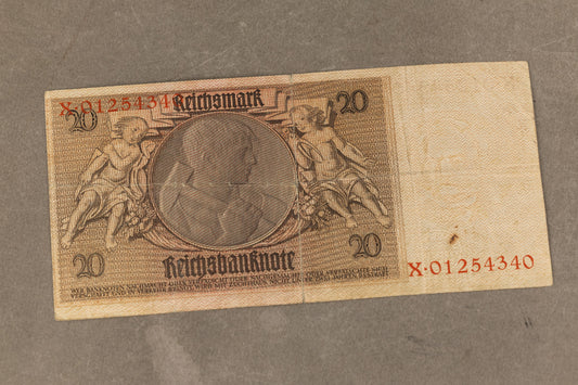 WW2 Tysk "20 Reichsmark" pengeseddel. Årgang 1929. Original.