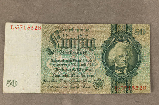 WW2 Tysk "50 Reichsmark" pengeseddel. Årgang 1933. Original.