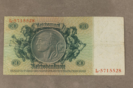 WW2 Tysk "50 Reichsmark" pengeseddel. Årgang 1933. Original.