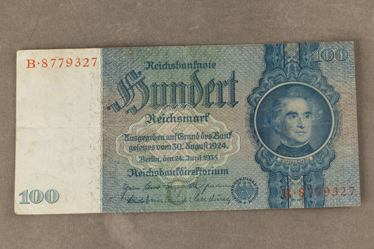 WW2 Tysk "100 Reichsmark" pengeseddel. Årgang 1935. Original.