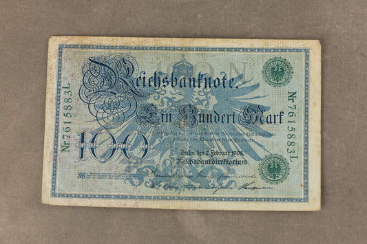 WW1 Tysk "100 Mark" pengeseddel. Årgang 1908. Original.