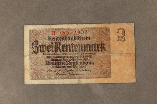 WW2 Tysk "2 Rentenmark" pengeseddel. Årgang 1937. Original.