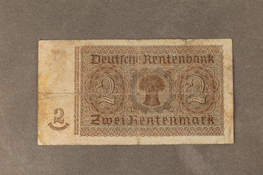 WW2 Tysk "2 Rentenmark" pengeseddel. Årgang 1937. Original.