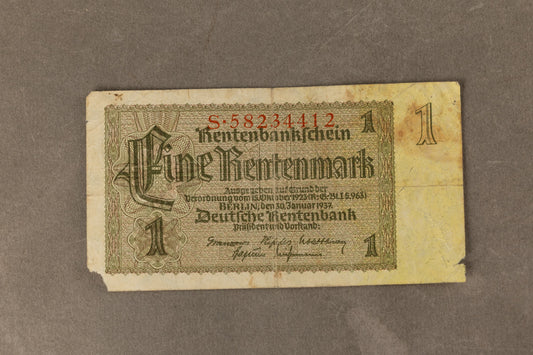 WW2 Tysk "1 Rentenmark" pengeseddel. Årgang 1937. Original.
