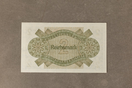 WW2 Tysk "2 Reichsmark" pengeseddel. Med ørn og hagekors. Original.