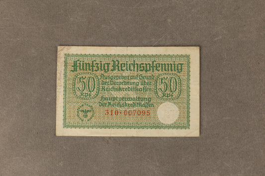 WW2 Tysk "50 Reichspfennig" pengeseddel. Med ørn og hagekors. Original.