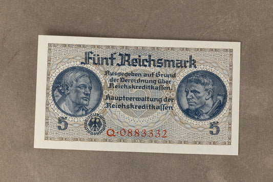 WW2 Tysk "5 Reichsmark" pengeseddel. Med ørn og hagekors. Original.