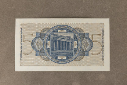 WW2 Tysk "5 Reichsmark" pengeseddel. Med ørn og hagekors. Original.