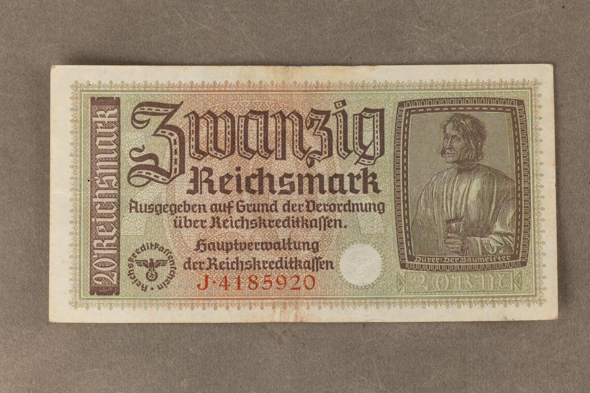 WW2 Tysk "20 Reichsmark" pengeseddel. Med ørn og hagekors. Original.