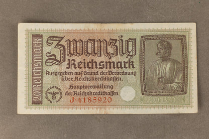 WW2 Tysk "20 Reichsmark" pengeseddel. Med ørn og hagekors. Original.