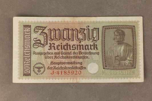 WW2 Tysk "20 Reichsmark" pengeseddel. Med ørn og hagekors. Original.