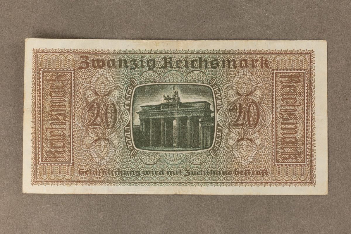 WW2 Tysk "20 Reichsmark" pengeseddel. Med ørn og hagekors. Original.