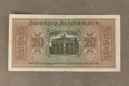 WW2 Tysk "20 Reichsmark" pengeseddel. Med ørn og hagekors. Original.