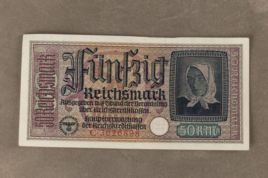 WW2 Tysk "50 Reichsmark" pengeseddel. Med ørn og hagekors. Original.