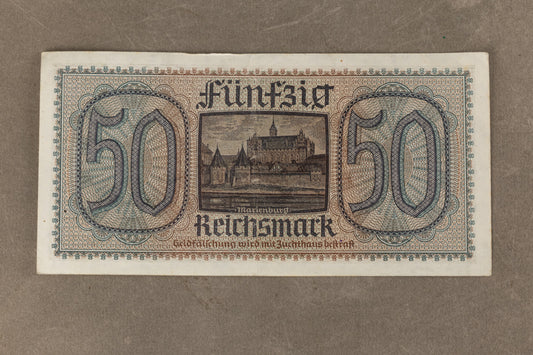 WW2 Tysk "50 Reichsmark" pengeseddel. Med ørn og hagekors. Original.