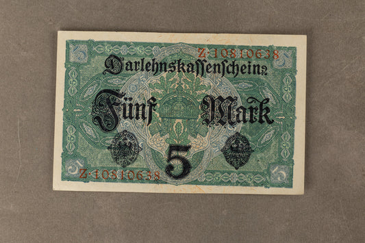 WW1 Tysk "5 Mark" pengeseddel. Årgang 1917. Original.