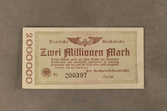 WW1/WW2 Tysk "Zwei Milliarden Mark" pengeseddel fra inflationen. Årgang 1923. Sjælden. Original.