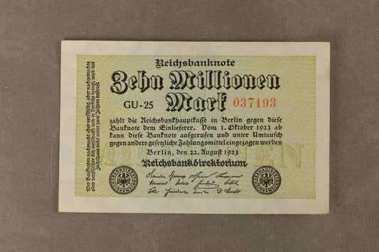 WW1/WW2 Tysk "Zehn Millionen Mark" pengeseddel fra inflationen. Årgang 1923. Sjælden. Original.