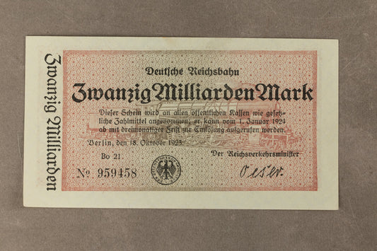 WW1/WW2 Tysk "Zwanzig Milliarden Mark" pengeseddel fra inflationen. Årgang 1923. Sjælden. Original.