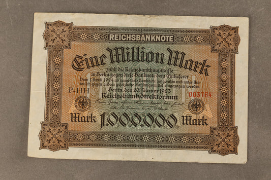WW1/WW2 Tysk "Eine Milion Mark" pengeseddel fra inflationen. Årgang 1923. Original.