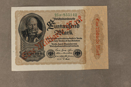 WW1/WW2 Tysk "Eine Milliarde Mark" pengeseddel fra inflationen. Årgang 1922. Sjælden. Original.