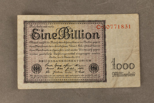 WW1/WW2 Tysk "Eine Billion" Reichsbanknote fra inflationen. Årgang 1923. Sjælden. Original.