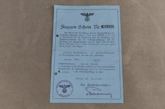 WW2 Tysk Kriegsmarine Reichssportamt "Flaggen-Schein". Sjælden. Original.