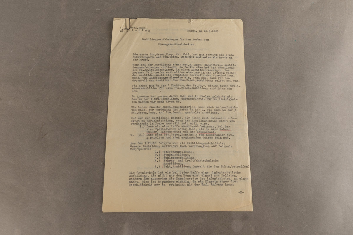 WW2 Tysk "Pz.Jgr. Sturmgeschütz" Uddannelses dokument. Original.
