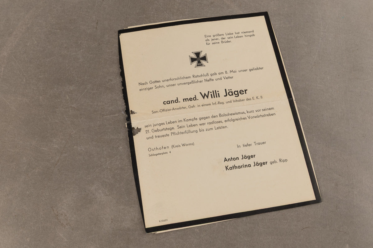 WW2 Tysk Stort "Dødskort" fra en Sanitäter. Original.