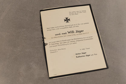 WW2 Tysk Stort "Dødskort" fra en Sanitäter. Original.
