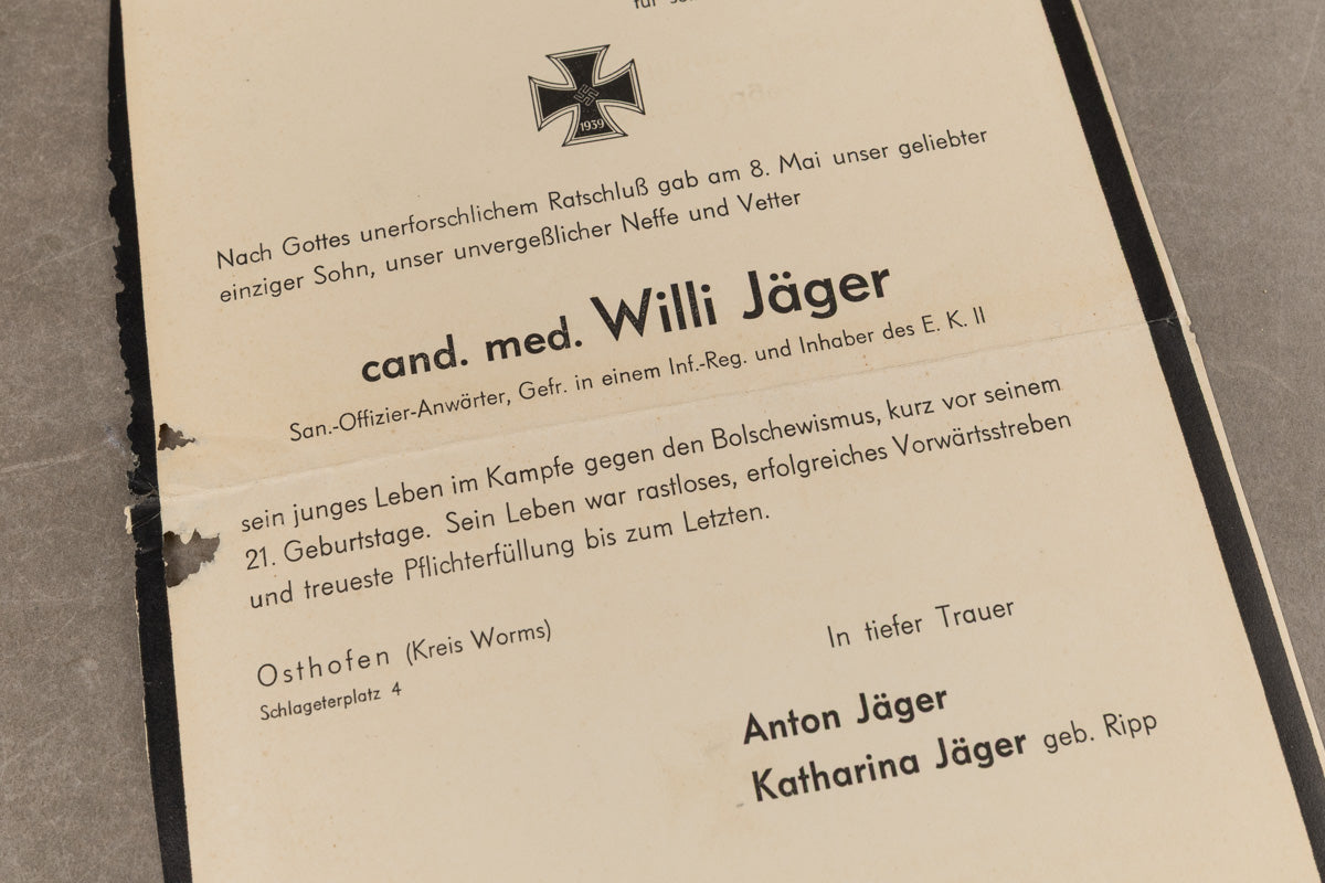 WW2 Tysk Stort "Dødskort" fra en Sanitäter. Original.
