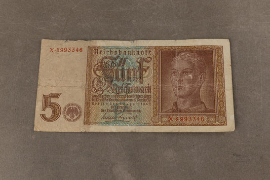 WW2 Tysk Pengeseddel "5 Reichsmark". Med ørn. Original.