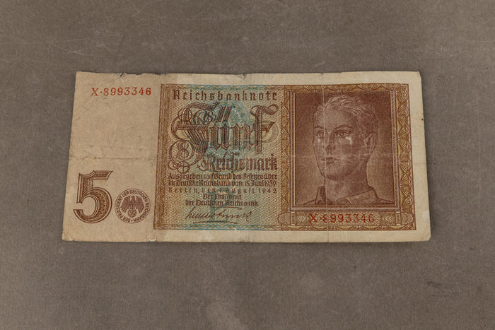 WW2 Tysk Pengeseddel "5 Reichsmark". Med ørn. Original.