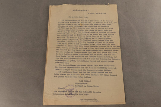 WW2 Tysk kondolencebrev til familien. Deres søn er faldet i Rusland. Original.