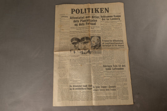 WW2 Dansk Politikken avis fra d. 19. juli 1944 om attentatet på Hitler. Original.