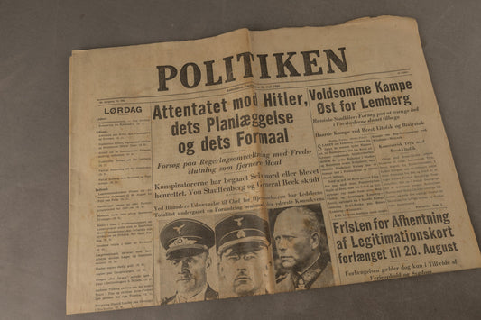 WW2 Dansk Politikken avis fra d. 19. juli 1944 om attentatet på Hitler. Original.