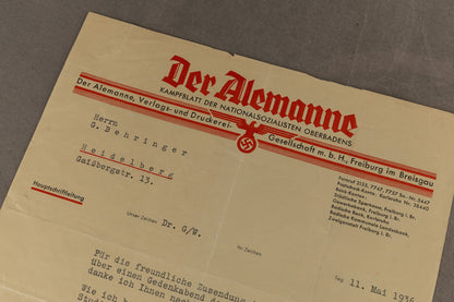 WW2 Tysk "Der Alemanne" Brev. Original.