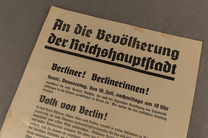 WW2 Tysk NSDAP Løbeseddel om sejrsmarch i Berlin efter indtagelsen af Frankrig. Original.
