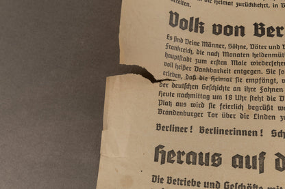 WW2 Tysk NSDAP Løbeseddel om sejrsmarch i Berlin efter indtagelsen af Frankrig. Original.