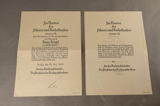 WW2 Tysk Lot af 2 forfremmelses urkunder. Fra samme mand. Original.