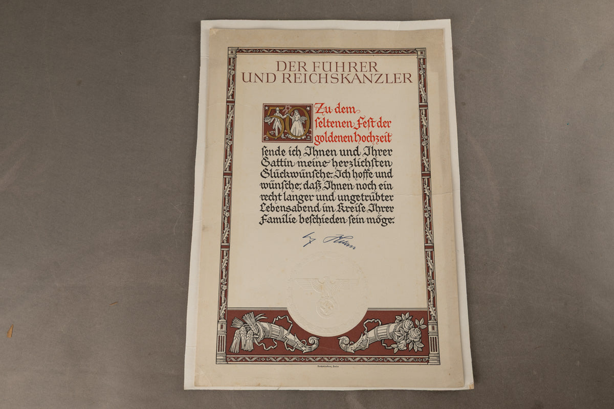 WW2 Tysk stor "Glückwusch-Urkunde" ved 50 års bryllupsdag fra AH. Sjælden. Original.