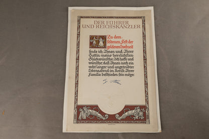 WW2 Tysk stor "Glückwusch-Urkunde" ved 50 års bryllupsdag fra AH. Sjælden. Original.