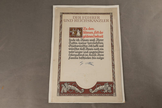 WW2 Tysk stor "Glückwusch-Urkunde" ved 50 års bryllupsdag fra AH. Sjælden. Original.